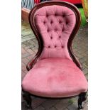 Victorian mahogany upholstered button back low seated nursing chair. Approx. 96cms H