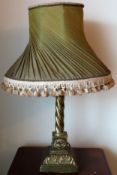Victorian brass twist decorated table lamp with shade. Approx. 44cms H