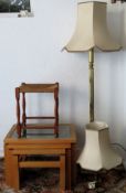 Light oak glass topped nest of three tables, brass standard lamp, rush seated oak stool etc