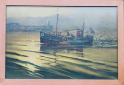 K. A. Griffin, Framed print depicting a fishing boat on Liverpool Waterfront. Approx. 57.5 x 83cm