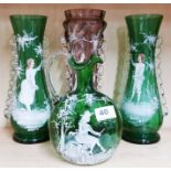 A group of four Victorian Mary Greggory hand painted coloured glass items. (some chipping to vase