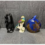 A signed handpainted Anita Harris Art Pottery vase, H. 32cm. Together with a ceramic parrot and a