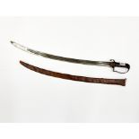 An early 19th century Damascus sword with leather sheath, L. 90cm.