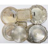 A group of silver plated salvers, tea trays etc, largest Dia. 30cm.
