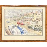 George Ham: A framed lithograph of the 1952 24 hour Le Mans motor race, frame size 51 x 66cm.