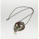 An Art Nouveau style sterling silver plique a jour and cultured pearl pendant and chain, pendant
