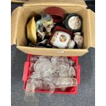 A box of mixed china items etc, with a further box of glassware.