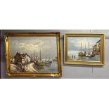 Two gilt framed oils on canvas depicting harbour scenes, signed W. Jones, largest frame size 70 x