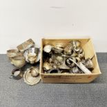An extensive box of silver plated items.