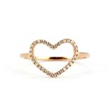 An 18ct rose gold (stamped 750) heart shaped rings et with brilliant cut diamonds, (O).
