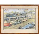 George Ham: A framed lithograph of a 1948 motor race, frame size 77 x 57cm.