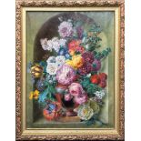 A large framed textured print on canvas, depitcting still life flowers, frame size 99 x 121cm.