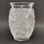 A boxed Lalique frosted crystal vase, relief decorated with birds engraved Lalique France and with
