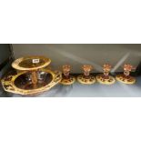 A lovely group of engraved and gilt peach glass table items, featuring hunting scenes, bowl Dia.