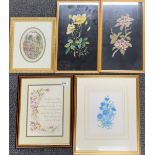 A group of framed embroideries and one print, largest frame size 35 x 40cm.