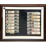 A large framed group of miniature cricket bats, signed by World Cup cricket captains of 2003 with