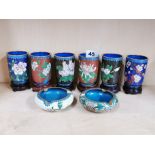 A group of six Chinese cloisonne enamelled beakers on stands, together with two cloisonne