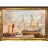 John Cotgrove (British): A gilt framed oil on board of historic ships, frame size 84 x 59cm.