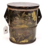 An antique Chinese handpainted wooden water bucket with lid, H. 19cm, Dia. 14cm.
