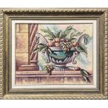 Cristina Perrer: A large framed sand textured oil on board depicting a still life, frame size 83 x