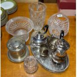 Four good cut crystal items, together with a silver plated tea set and biscuit box.