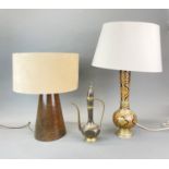 A turned wooden table lamp with suede leather shade (H. 50cm), together with an Eastern enamelled