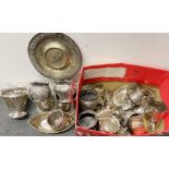 A large box of silver plate, including wine bottle coasters.