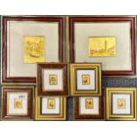 A group of eight framed gold foil miniatures, largest frame size 29 x 28cm.