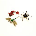 Three large enamelled metal brooches, dragonfly L. 9cm.