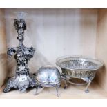 A silver plate and glass epergne decorated with grapes and ivy, H. 39cm. Together with two further