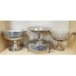 A silver plated centrepiece, H. 20cm, Dia. 26cm. Together with four further silver plate and glass