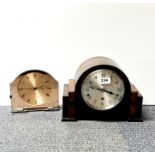 An Art Deco oak chiming mantel clock, together with a peach glass mantel clock with disused electric