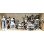A large collection of silver plated tea and coffee pots etc, tallest H. 26cm, spout to handle L.