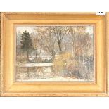 Kathleen L Wigglesworth RBA, RWA (1990-1995): A framed oil on canvas depicting a winter scene, frame