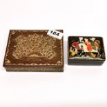A Russian handpainted laquered box, 8.5 x 6.5 x 3.5cm, together with a Persian enamelled brass