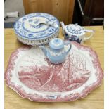 A large meat plate, cake stand, tea pot and coffee pot.