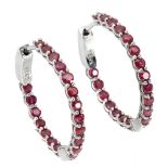 A pair of 925 silver ruby set hoop earrings, Dia. 2.9cm.