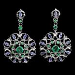 A pair of 925 silver drop earrings set with marquise cut tanzanites and emeralds, L. 4.2cm.