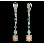 A pair of 925 silver drop earring set with cabochon cut opals, L. 4.6cm.