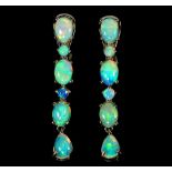 A pair of 925 silver drop earrings set with cabochon cut opals, L. 4cm.