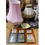 Two table lamps, a group of ceramic items and prints.