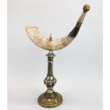 A 19th C silver plate and brass cattle horn cornucopia centrepiece, H. 50cm, W. 40cm.