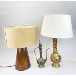 A turned wooden table lamp with suede leather shade (H. 50cm), together with an Eastern enamelled