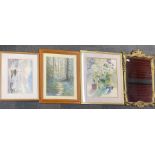 A gilt framed mirror, H. 70cm, together with three framed watercolours.