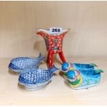 A Chinese enamelled metal double slipper ashtray, together with a porcelain wine cup and a pair of