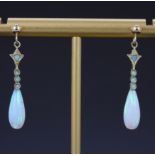 A pair of 9ct yellow gold opal set drop earrings, L. 2.6cm.