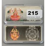 Two Indian enamelled 100g fine Swiss silver ingots.