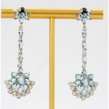 A pair of 925 silver drop earrings set with oval and marquise cut blue topaz and cubic zirconias, L.