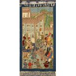 A large woven canvas backed wall hanging of an Eastern scene, 83 x 160cm.