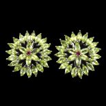 A pair of 925 silver cluster earrings set with marquise cut peridots and garnets, Dia. 2.4cm.